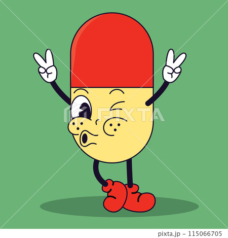 Pixel art cartoon capsule with arms and legs giving a peace sign Vector 115066705
