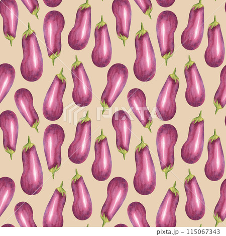 Eggplants watercolor seamless pattern on a beige background. Can be used for kitchen textile prints, product packaging design. Eggplants watercolor seamless pattern on a beige background. Can be used for kitchen textile prints, product packaging design. 115067343