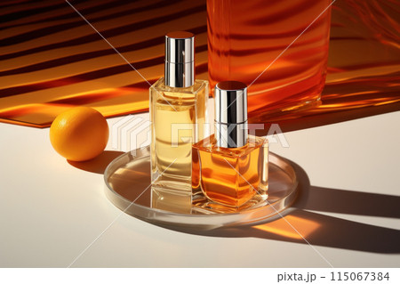 Perfume Bottles with Citrus Accent on Modern Display Perfume Bottles with Citrus Accent on Modern Display 115067384