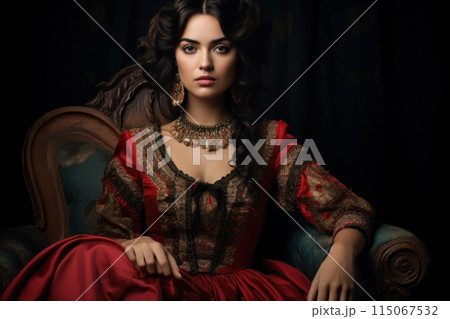 Elegant Woman in Historical Red Dress Sitting on Antique Chair 115067532