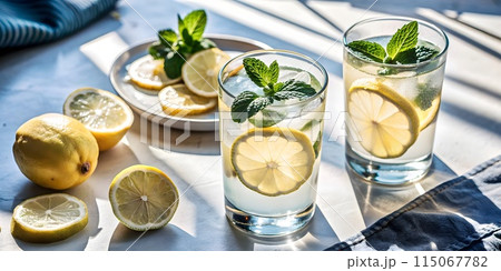 Cool and Refreshing Photo of a Summer Glass of Lemonade with Juicy Lemon Slices and Mint Garnish Summer Background Summertime Poster Banner 115067782