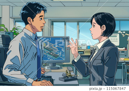 基板設計の打ち合わせするエンジニア男女_精密イラスト1 基板設計の打ち合わせするエンジニア男女_精密イラスト1 115067847