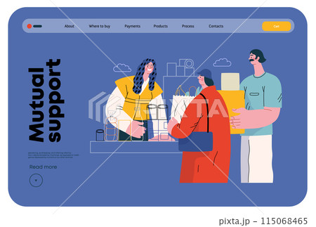Mutual Support: Bringing groceries to food bank -modern flat vector concept illustration of people donating food to food pantry A metaphor of voluntary, collaborative exchanges of resource, services 115068465