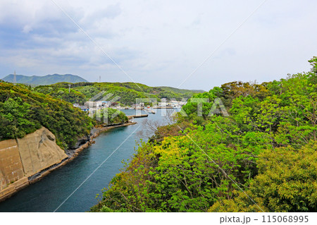 対馬 北と南を分ける赤い橋からの風景 対馬 北と南を分ける赤い橋からの風景 115068995