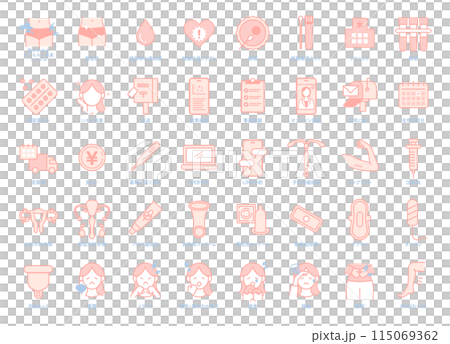 A set of icon illustrations related to menstruation, PMS, pill prescriptions, contraception, and online medical care 115069362