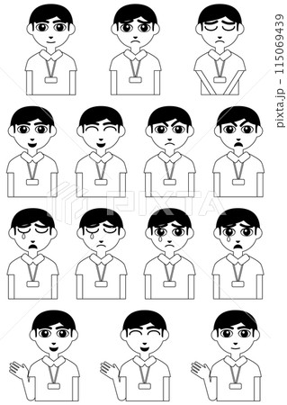 笑う・怒る・泣く等、色々な表情の上半身の男性看護師イラスト素材セット(モノクロ) 115069439