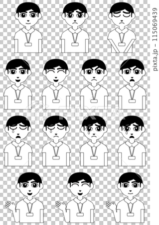 笑う・怒る・泣く等、色々な表情の上半身の男性看護師イラスト素材セット(モノクロ) 115069439