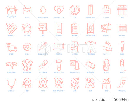 生理やPMS、ピル処方や避妊、オンライン診療関連する線のアイコンイラストのセット 115069462