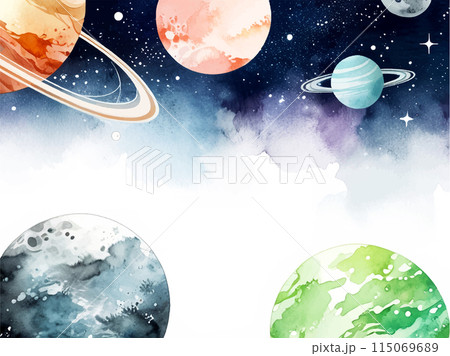 宇宙に浮かぶ惑星の水彩イラスト Generative AI 115069689