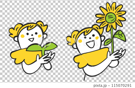 Illustration material of a smiling child holding young sprouts and healthy sunflowers in his hands Illustration material of a smiling child holding young sprouts and healthy sunflowers in his hands 115070291
