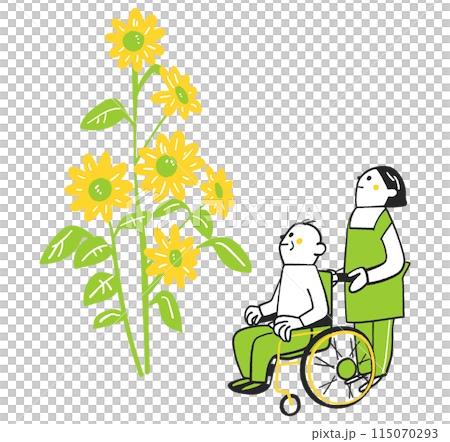 An elderly man in a wheelchair and his caregiver looking up at a large sunflower that has grown freely and beautifully Illustration An elderly man in a wheelchair and his caregiver looking up at a large sunflower that has grown freely and beautifully Illustration 115070293