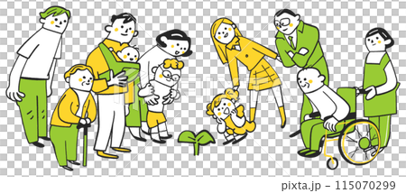 Illustration of people of various ages and circumstances surrounding young sprouts 115070299