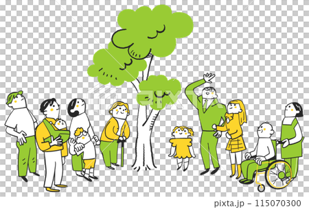 不同年齡、不同狀況的人看著一棵已經長大的小樹的插畫素材 115070300