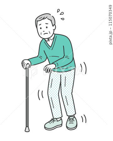 手足の震えがある高齢男性が杖をついて恐る恐る歩くイラスト 115070349