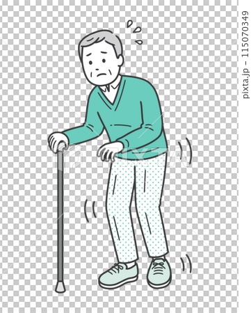 手足の震えがある高齢男性が杖をついて恐る恐る歩くイラスト 115070349
