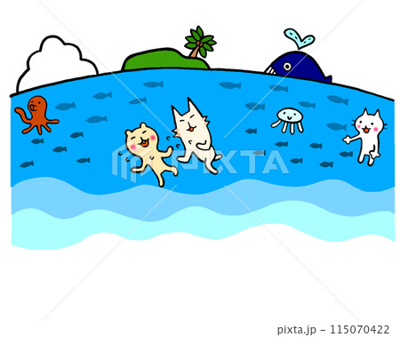 海で遊ぶ猫と海洋生物のイラスト 115070422