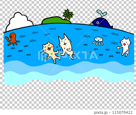 海で遊ぶ猫と海洋生物のイラスト 115070422