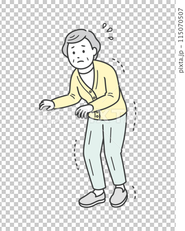 手足の震えや強張りがある高齢女性が恐る恐る歩くイラスト 115070507
