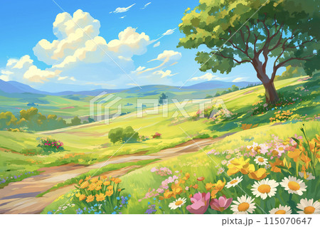 美しい春の花畑と田園風景：自然の中でリフレッシュ 115070647