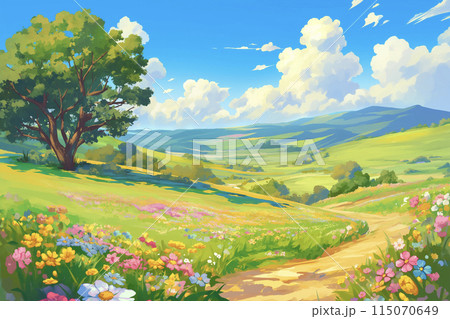 美しい春の花畑と田園風景：自然の中でリフレッシュ 115070649