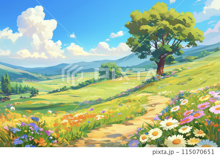 美しい春の花畑と田園風景：自然の中でリフレッシュ 115070651