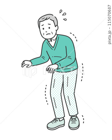 手足の震えや強張りがある高齢男性が恐る恐る歩くイラスト 115070687