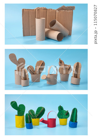 a group of cactus plants made out of toilet paper, cardboard, watering can, pot, a paper cutout garden, gardening a group of cactus plants made out of toilet paper, cardboard, watering can, pot, a paper cutout garden, gardening 115070827
