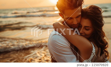 ビーチで前撮りをする欧米人カップル01 115070920