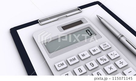クリップボードと電卓とボールペン、会計・計算シーン 115071145