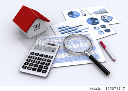 住宅ローン、住宅模型　電卓、マイホーム購入計画 115071147