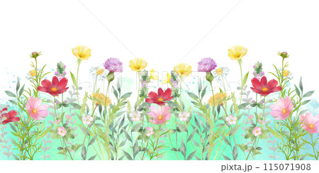 いろいろな花の花畑の水彩画　水彩テクスチャ背景 115071908
