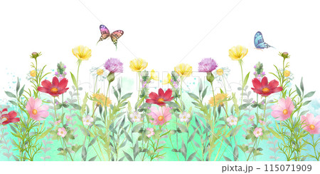 いろいろな花の花畑と蝶々の水彩画 水彩テクスチャ背景 いろいろな花の花畑と蝶々の水彩画 水彩テクスチャ背景 115071909