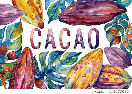 Lush watercolor painting of cacao beans and pods with CACAO text in the center, all set against a white 115072080