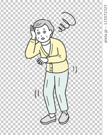 Illustration of an elderly woman feeling dizzy and unsteady 115072325