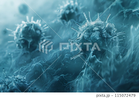 Virus cells close-up. Microscopic view of virus cells. 3D rendering Virus cells close-up. Microscopic view of virus cells. 3D rendering 115072479