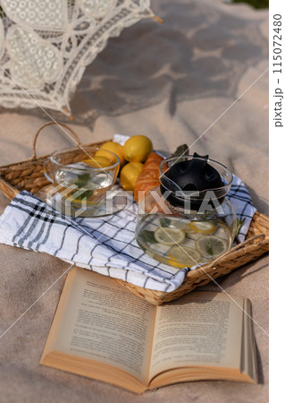 Summer picnic near the lake.On the bedspread there is a book, tea and croissants Summer picnic near the lake.On the bedspread there is a book, tea and croissants 115072480
