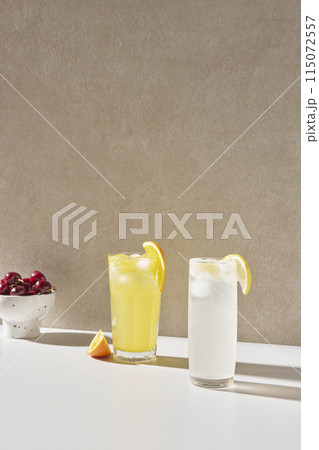 Colorful color background. Refreshing and fresh oranges, lemons and other fruits full of vitamins. Colorful color background. Refreshing and fresh oranges, lemons and other fruits full of vitamins. 115072557