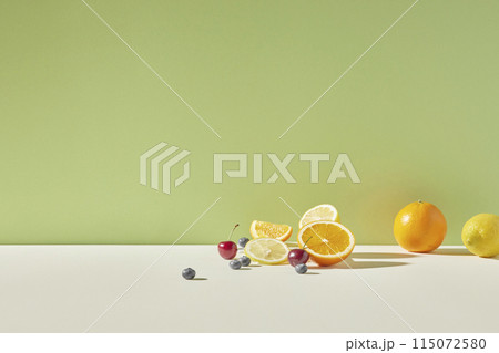 Colorful color background. Refreshing and fresh oranges, lemons and other fruits full of vitamins. 115072580