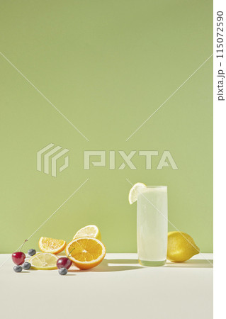 Colorful color background. Refreshing and fresh oranges, lemons and other fruits full of vitamins. 115072590