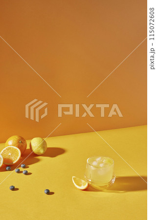 Colorful color background. Refreshing and fresh oranges, lemons and other fruits full of vitamins. 115072608