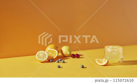 Colorful color background. Refreshing and fresh oranges, lemons and other fruits full of vitamins. 115072610