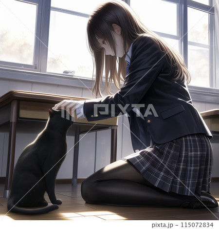 教室に迷い込んだ黒猫と女子高生 115072834