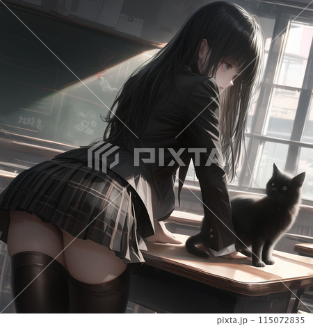教室に迷い込んだ黒猫と女子高生 115072835