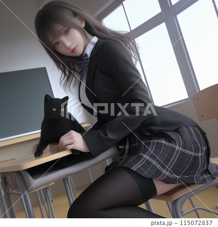 教室に迷い込んだ黒猫と女子高生 115072837