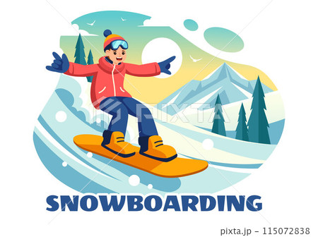 Snowboarding Vector Illustration Featuring People Sliding and Jumping on a Snowy Mountain Slope During Winter, Flat Style Cartoon Background Snowboarding Vector Illustration Featuring People Sliding and Jumping on a Snowy Mountain Slope During Winter, Flat Style Cartoon Background 115072838