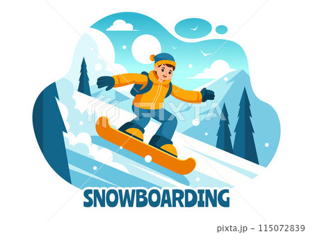 Snowboarding Vector Illustration Featuring People Sliding and Jumping on a Snowy Mountain Slope During Winter, Flat Style Cartoon Background Snowboarding Vector Illustration Featuring People Sliding and Jumping on a Snowy Mountain Slope During Winter, Flat Style Cartoon Background 115072839