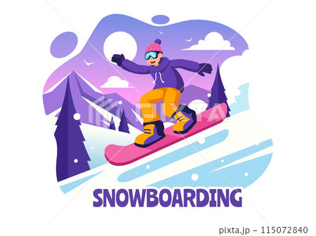 Snowboarding Vector Illustration Featuring People Sliding and Jumping on a Snowy Mountain Slope During Winter, Flat Style Cartoon Background Snowboarding Vector Illustration Featuring People Sliding and Jumping on a Snowy Mountain Slope During Winter, Flat Style Cartoon Background 115072840