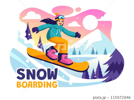 Snowboarding Vector Illustration Featuring People Sliding and Jumping on a Snowy Mountain Slope During Winter, Flat Style Cartoon Background Snowboarding Vector Illustration Featuring People Sliding and Jumping on a Snowy Mountain Slope During Winter, Flat Style Cartoon Background 115072846