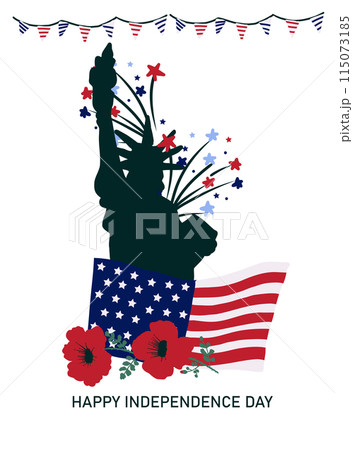 Independence Day greeting card. Silhouette of the Statue of Liberty, american flag and red poppies. 115073185