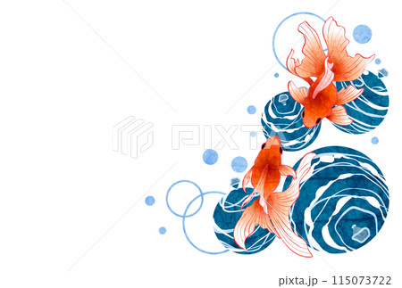 金魚、ヨーヨー、暑中見舞い、和風、イラスト、青、横 115073722